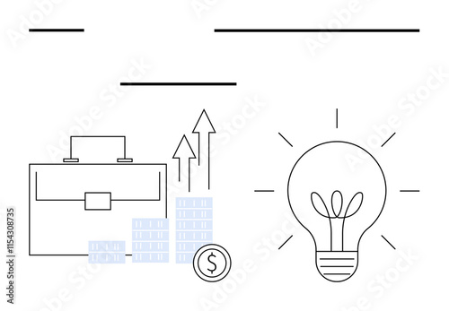 Business briefcase, stacks of coins, upward arrows, light bulb representing ideas and growth. Ideal for business strategies, finance, startups, innovation, success plans investment growth