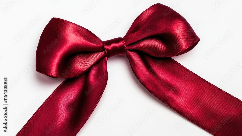 A single red satin bow placed on a white surface A single red satin bow placed on a white surface