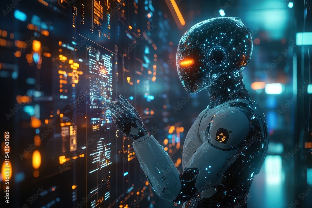 A futuristic robot interacting with a digital interface in a high-tech environment. A futuristic robot interacting with a digital interface in a high-tech environment.