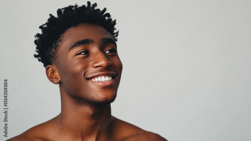 Charming young man with curly hair smiling joyfully indoors Charming young man with curly hair smiling joyfully indoors