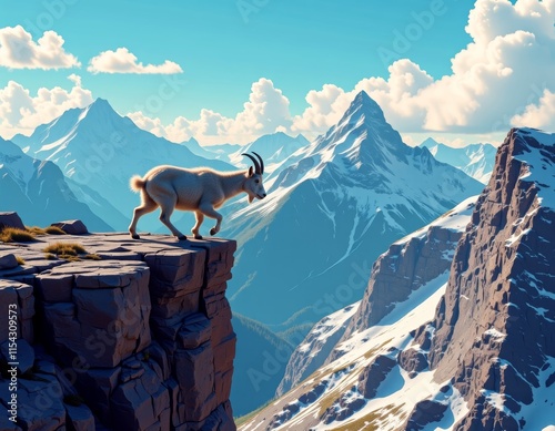 Alpine Mountain Goat Kid on Cliff, Vaporwave Style, Text-Friendly, Adobe Stock