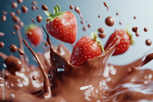 Fresh strawberries splashing into creamy chocolate against a soft blue background