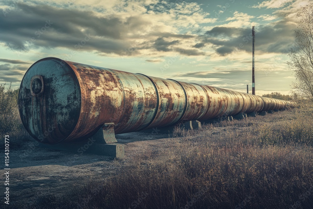 Rusty pipe sits in a green field, surrounded by nature Rusty pipe sits in a green field, surrounded by nature