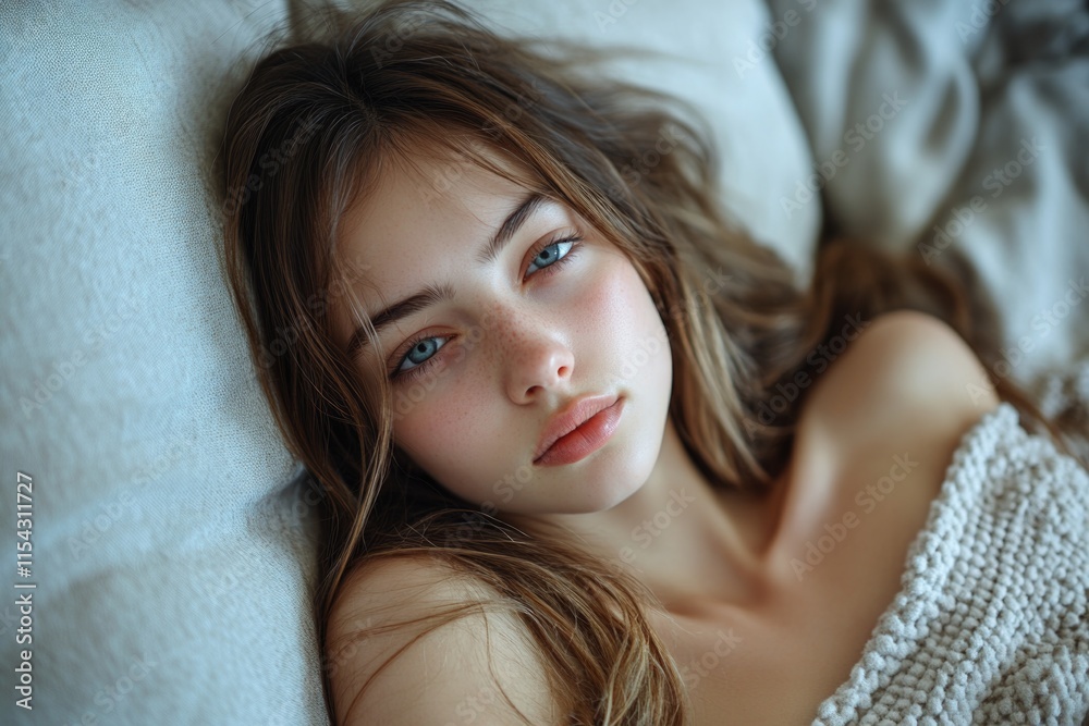 A beautiful young woman reclines on a bed, relaxed and serene A beautiful young woman reclines on a bed, relaxed and serene
