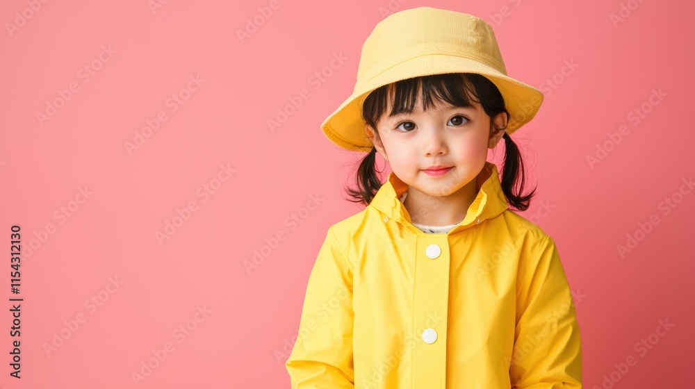 Cute Young Girl in Yellow Raincoat and Hat Against Pink Background Cute Young Girl in Yellow Raincoat and Hat Against Pink Background