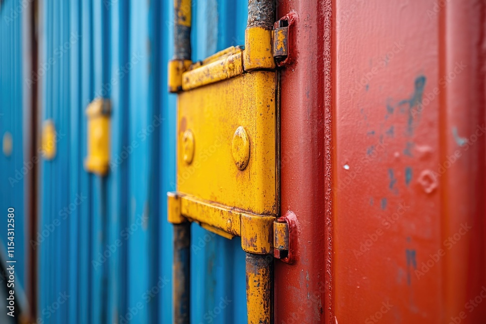 A detailed view of a red and blue train car's exterior A detailed view of a red and blue train car's exterior