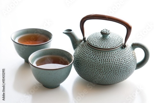A teapot and two cups of tea on a table, perfect for a cozy moment