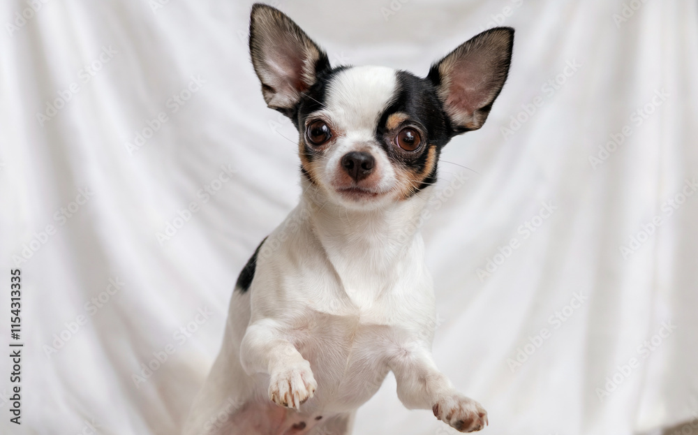 A small dog, possibly a Chihuahua, standing on its hind legs with its front paws raised. A small dog, possibly a Chihuahua, standing on its hind legs with its front paws raised.
