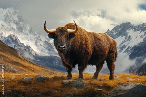 A yak grazing in a green field with distant mountains visible in the background
