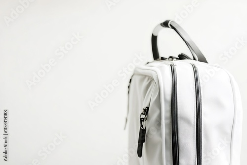 A white bag with black zippers sitting on a table, perfect for use as a prop or in a scene