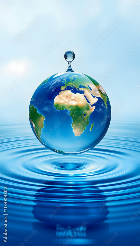 World Water Day concept with world in clean water drop on and fresh blue water ripples design, Environment save and ecology theme concept, with white tones World Water Day concept with world in clean water drop on and fresh blue water ripples design, Environment save and ecology theme concept, with white tones