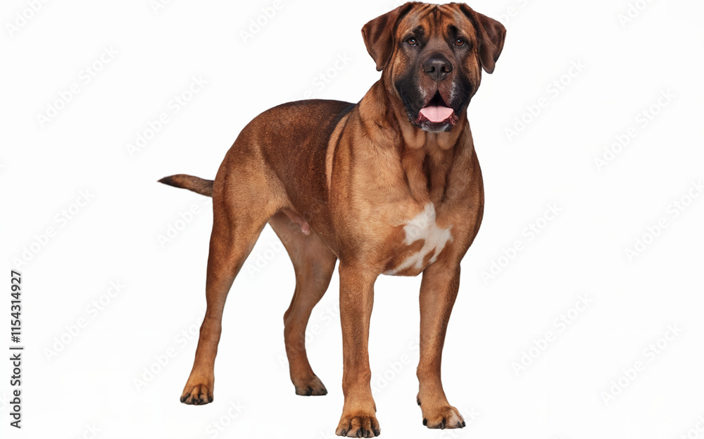 A large, robust dog standing upright. The dog has a brindle coat, a muscular build, and a friendly expression with its mouth slightly open, revealing its tongue. A large, robust dog standing upright. The dog has a brindle coat, a muscular build, and a friendly expression with its mouth slightly open, revealing its tongue.