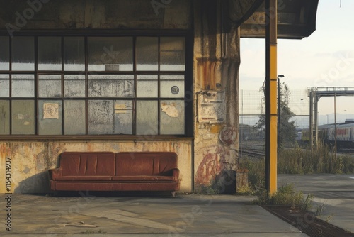 A red couch situated outside a train station photo