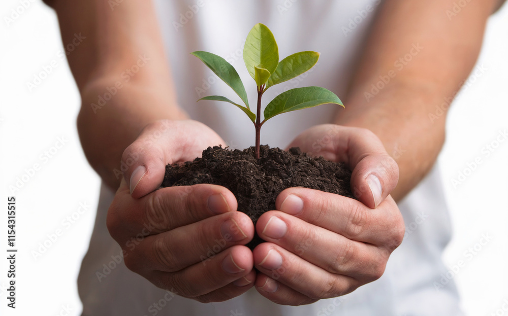 A pair of hands gently cradling a small plant with green leaves. A pair of hands gently cradling a small plant with green leaves.