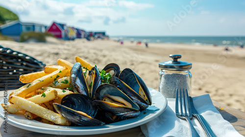 Fresh Seafood Platter with Mussels and French Fries Served on Beachside Table with Vibrant Houses in Background and Calm Waves