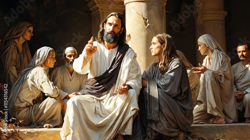 Discussion of faith and teachings among followers in biblical setting