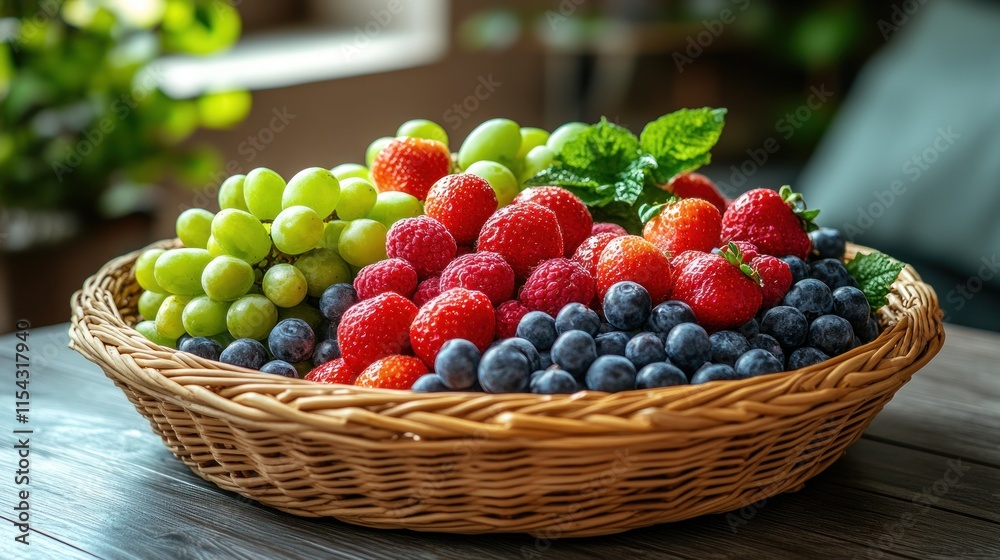 Fresh berries and grapes in a wicker basket. Fresh berries and grapes in a wicker basket.