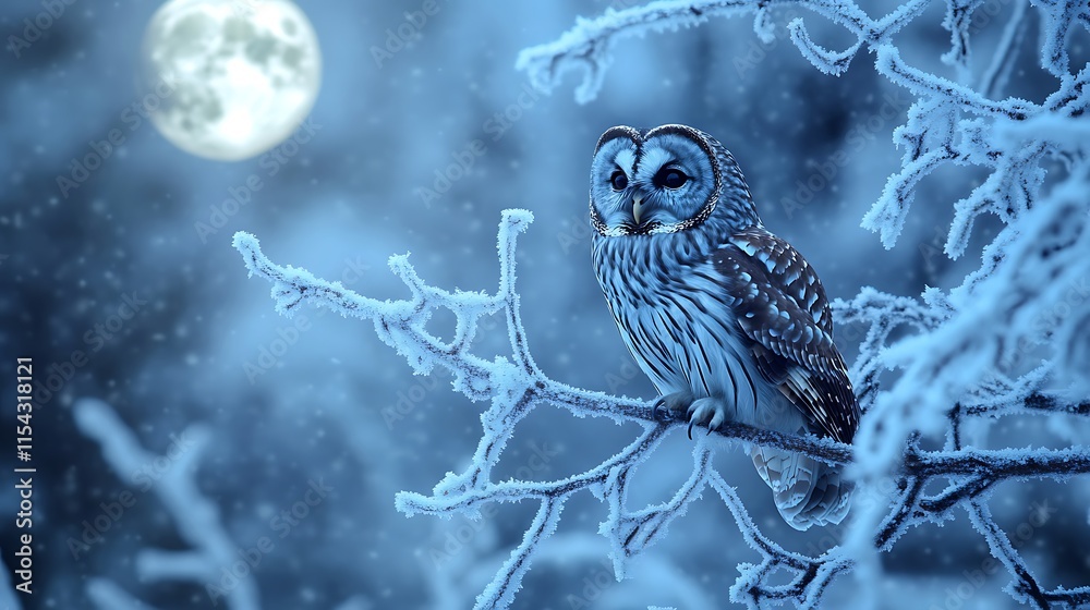 Mystical snowy owl under moonlight surrounded by quiet forest winter atmosphere image Mystical snowy owl under moonlight surrounded by quiet forest winter atmosphere image