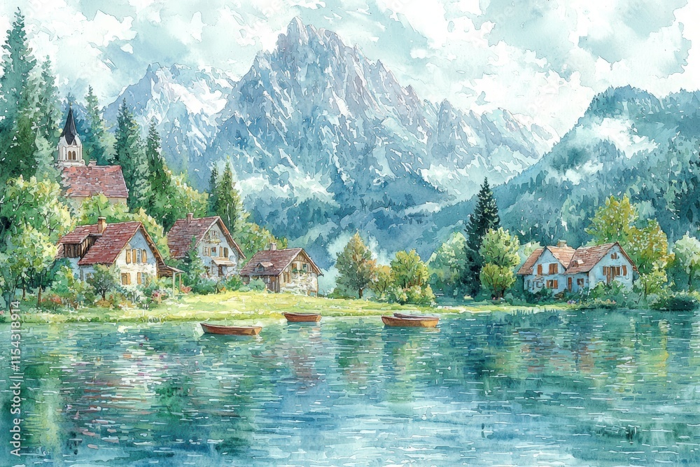 Fototapeta premium Peaceful village reflection on lake mountainous region watercolor art nature setting panoramic view tranquility concept