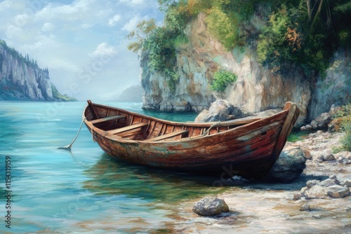 A lone boat sits on the calm lake shore, surrounded by lush greenery and serene atmosphere #1154319159