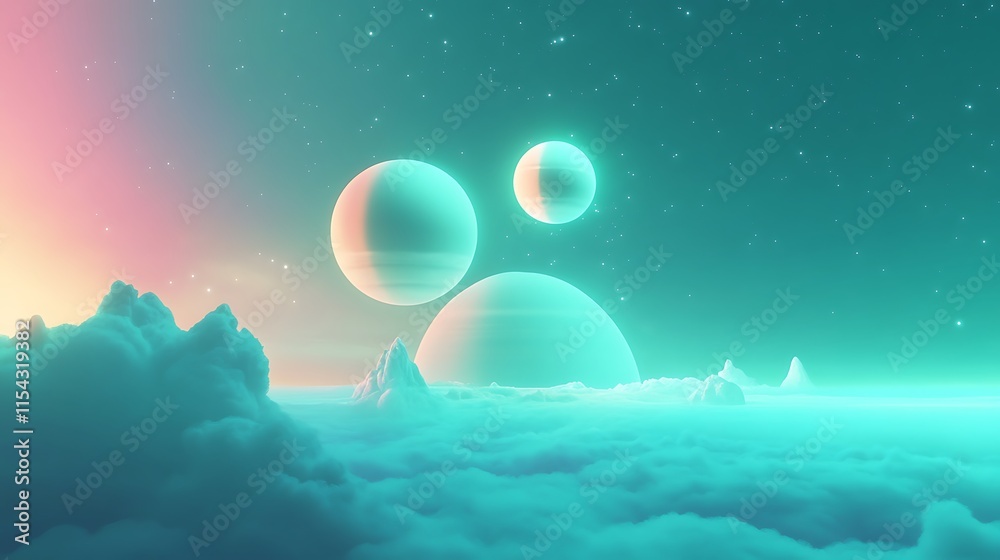 Ethereal 3D Render: Glowing Planets Mysteriously Hover Above Dreamlike Cloudscape. AI Generated Ethereal 3D Render: Glowing Planets Mysteriously Hover Above Dreamlike Cloudscape. AI Generated