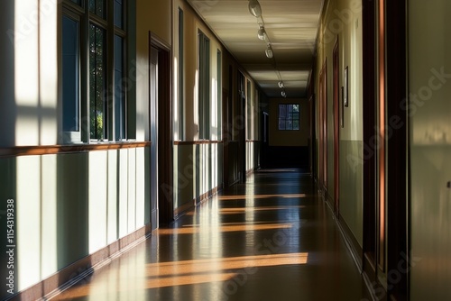 A long hallway with a classic clock on the wall