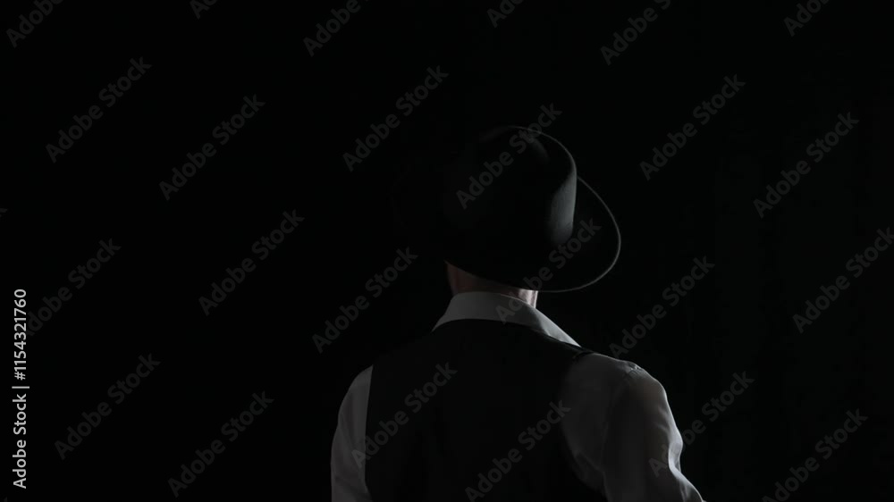 Man musician in stylish hat standing on dark concert stage under spotlight and singing in retro vintage microphone, isolated on black studio background.