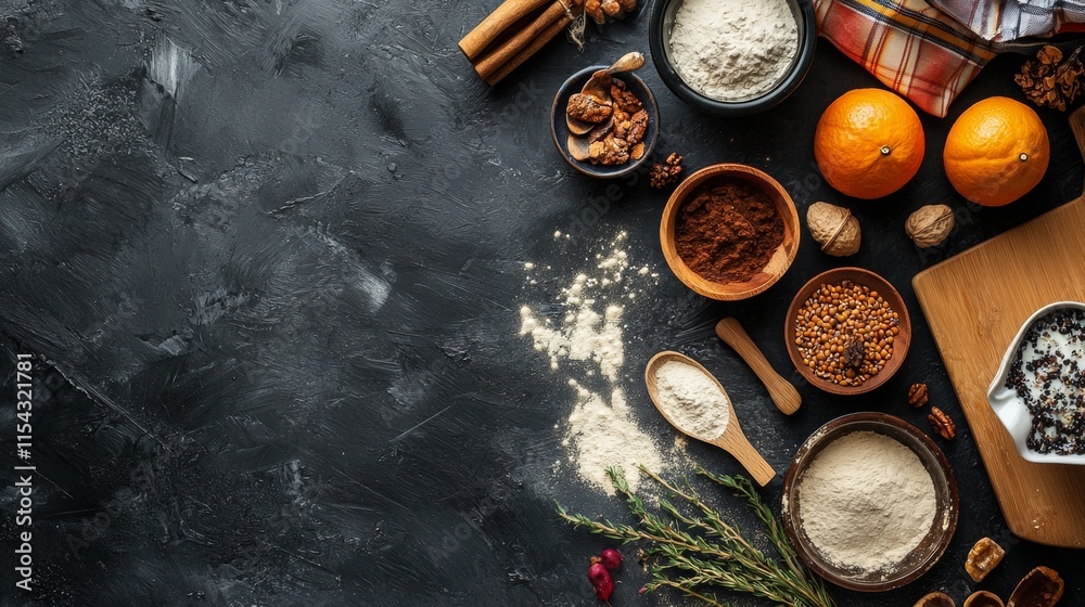 Spices and baking ingredients on dark rustic background Spices and baking ingredients on dark rustic background