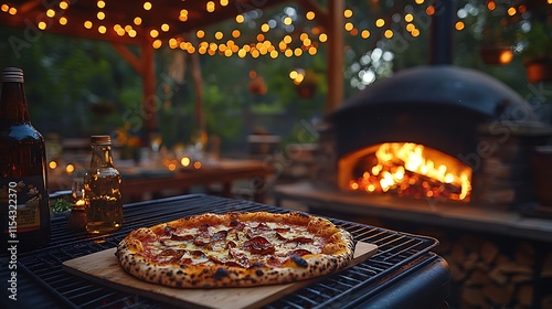 Delicious Pepperoni Pizza Cooked Outdoors at Night