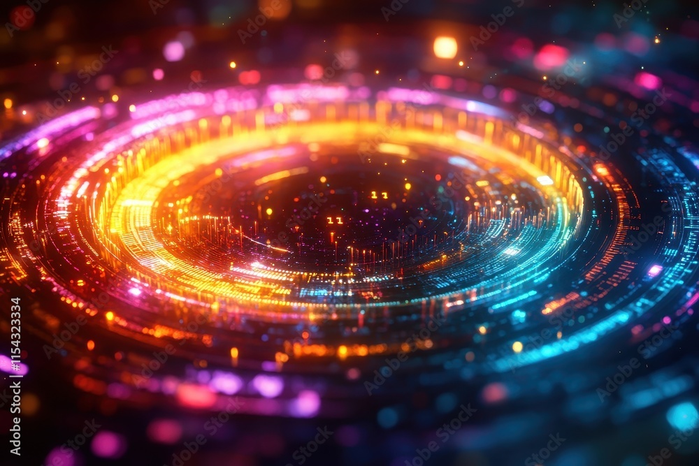 Abstract digital design featuring vibrant circular patterns and glowing lights.