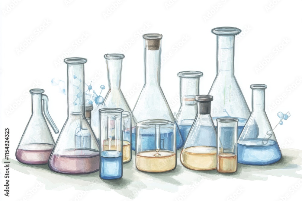 A collection of various laboratory glassware filled with colorful liquids, creating a vibrant scientific display. A collection of various laboratory glassware filled with colorful liquids, creating a vibrant scientific display.