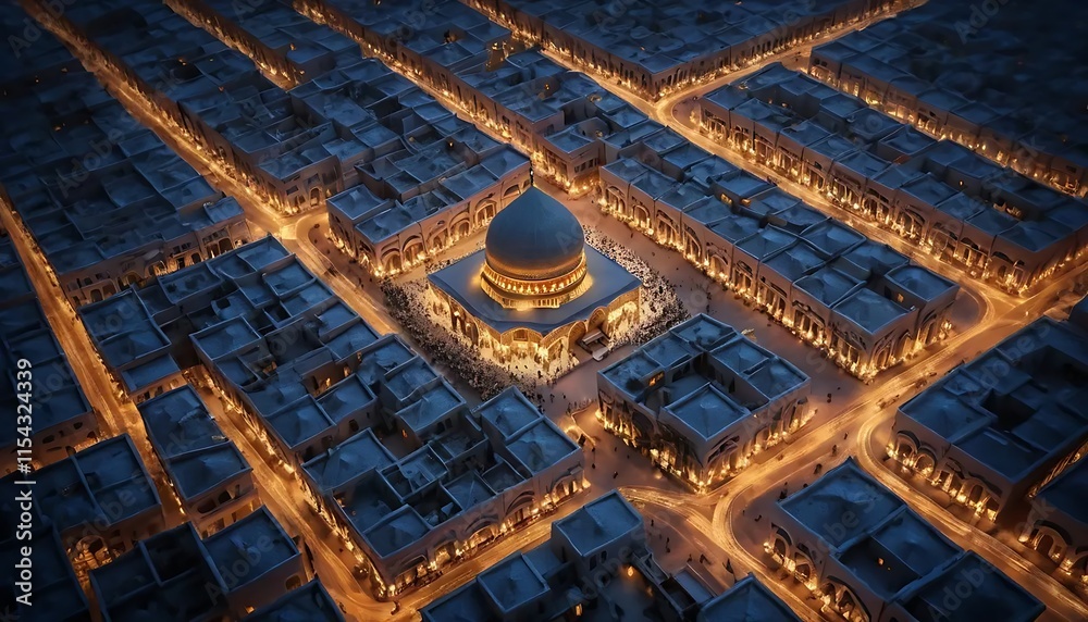 Fototapeta premium Golden Dome Mosque Night Aerial View Cityscape Illuminated Streets