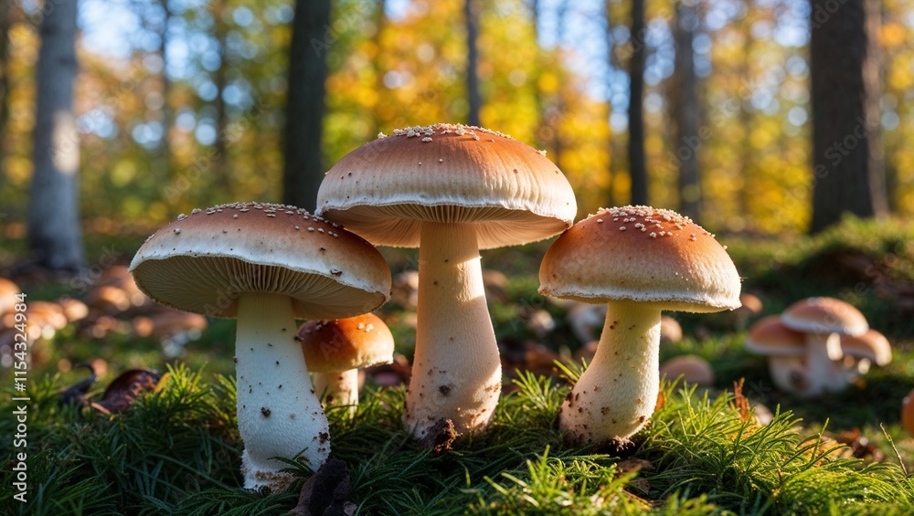 Edible Cep Mushrooms in a Sunny Autumn Forest, Nestled Among Fallen Leaves and Moss, Perfectly Capturing the Essence of Autumn Foraging and Wild Delights Edible Cep Mushrooms in a Sunny Autumn Forest, Nestled Among Fallen Leaves and Moss, Perfectly Capturing the Essence of Autumn Foraging and Wild Delights