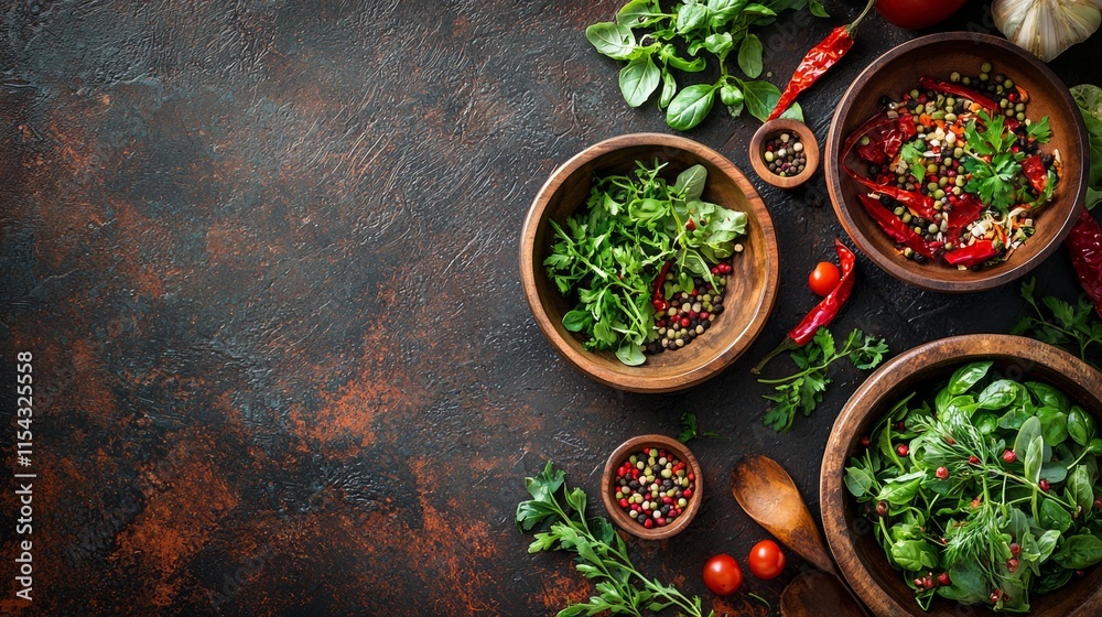 Fresh herbs and spices on a rustic table Fresh herbs and spices on a rustic table