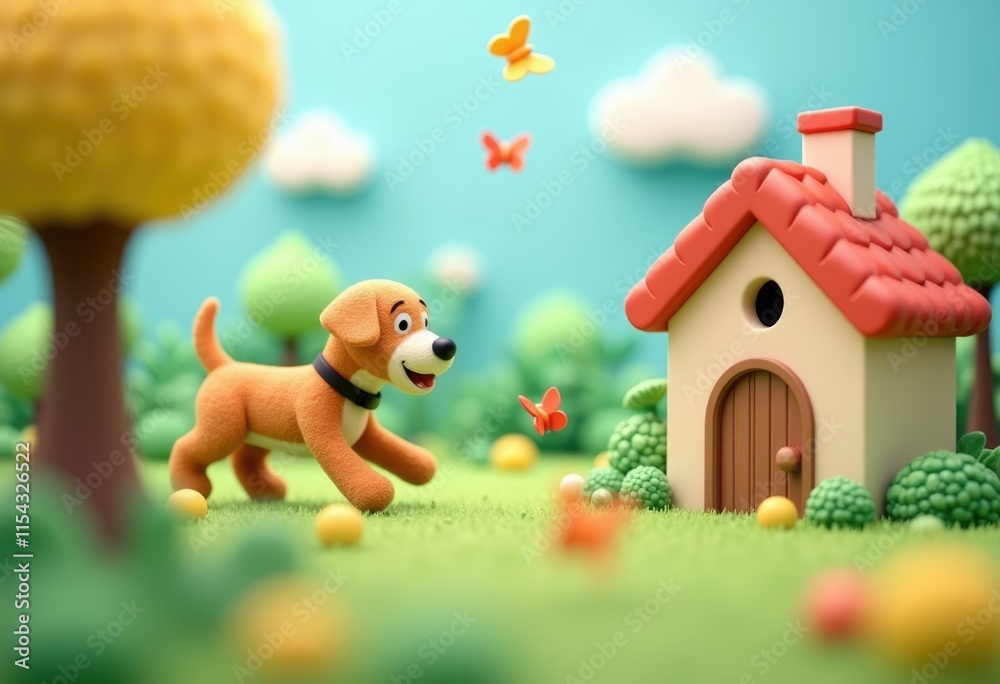 Fototapeta premium A Charming 3D House With A Playful Dog Chasing Butterflies In The Garden