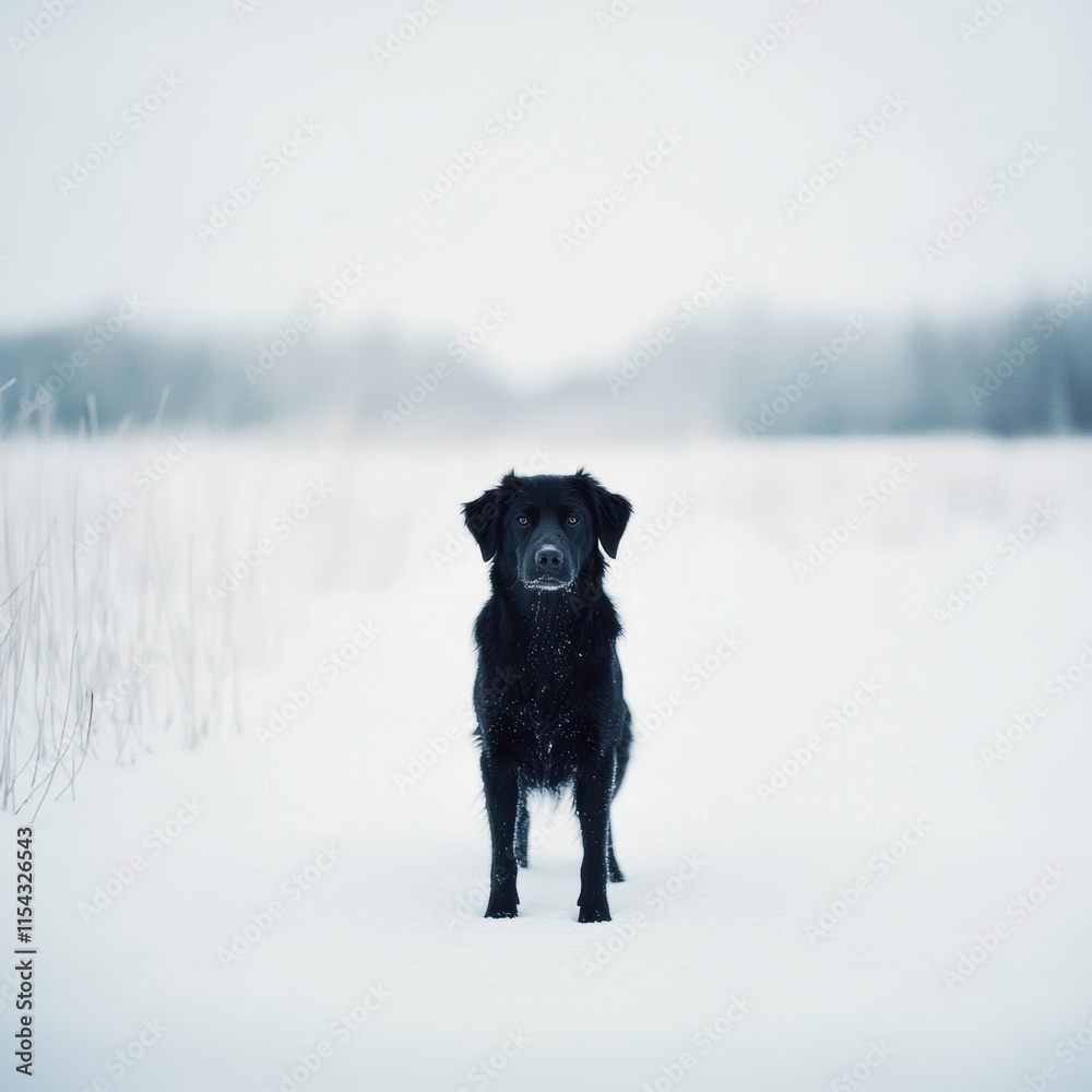 Naklejka premium Black Dog Standing Alone in a Snowy Landscape Under Overcast Sky