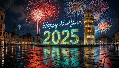 Happy New Year 2025! Celebrate the arrival of 2025 with a stunning fireworks display over the iconic Leaning Tower of Pisa, Italy! photo