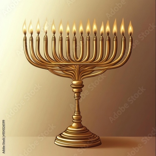 Illuminated golden menorah with vibrant flames, symbolizing the Festival of Lights. photo