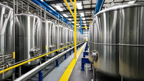 Modern Industrial Facility with Large Stainless Steel Tanks and Pipes in a Clean and Organized Setting

 photo