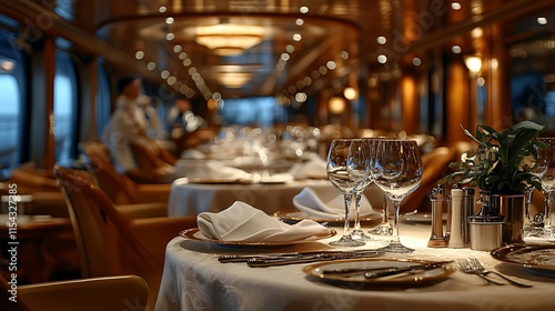 Elegant restaurant interior with tables set for fine dining, showcasing luxurious ambiance and sophisticated service.