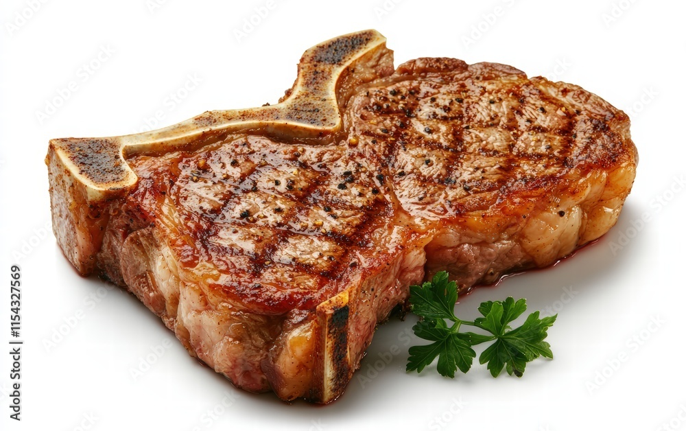 A juicy T-bone steak with visible grill marks, isolated on a clean white background A juicy T-bone steak with visible grill marks, isolated on a clean white background