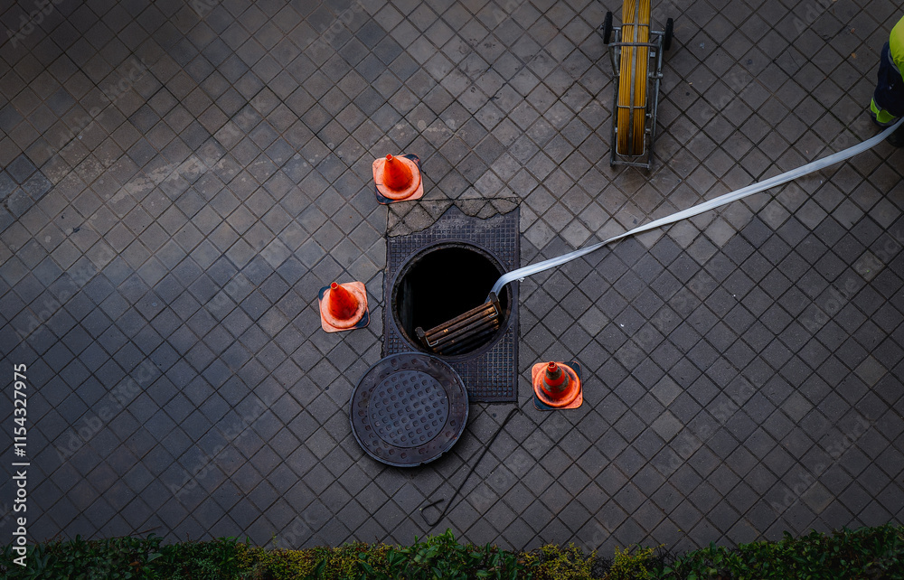 Workers repairing public sewer system in madrid, spain