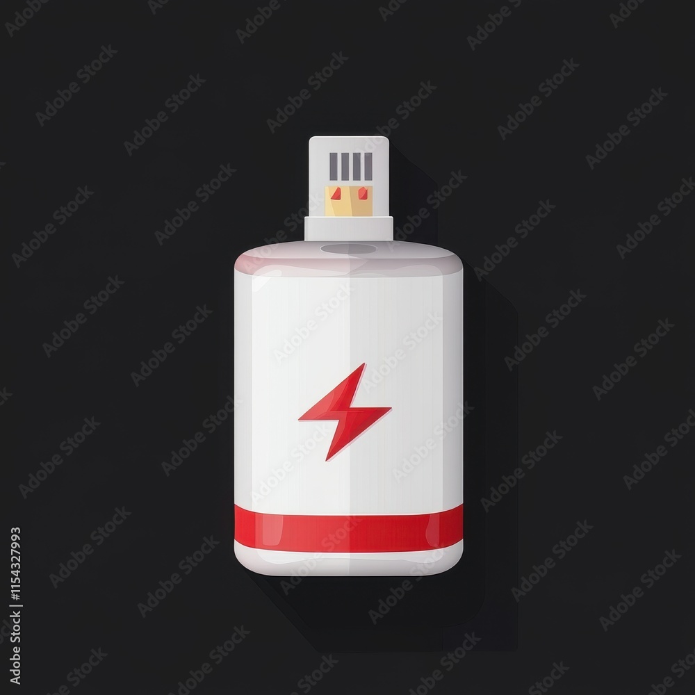 Obraz premium A modern battery charger with a sleek design, featuring a red lightning bolt symbol on a white background.