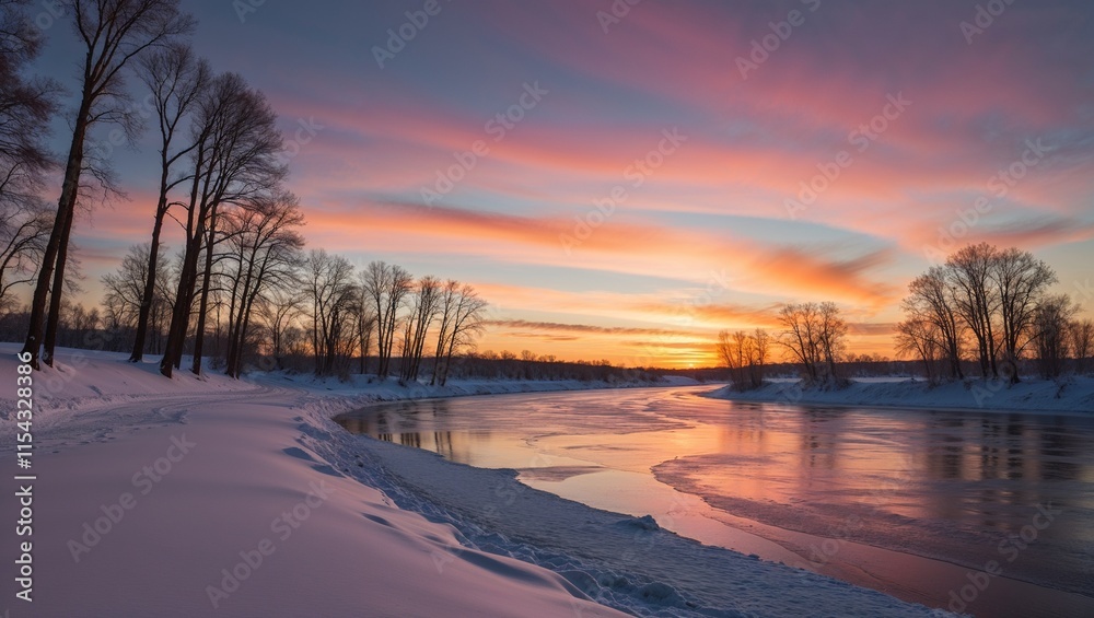 Serene Winter Landscape Panorama Unfolds with Majestic Snow-Capped Mountains, Frozen Lakes, and Soft, Gentle Snowfall, Evoking a Peaceful Winter Wilderness Serene Winter Landscape Panorama Unfolds with Majestic Snow-Capped Mountains, Frozen Lakes, and Soft, Gentle Snowfall, Evoking a Peaceful Winter Wilderness