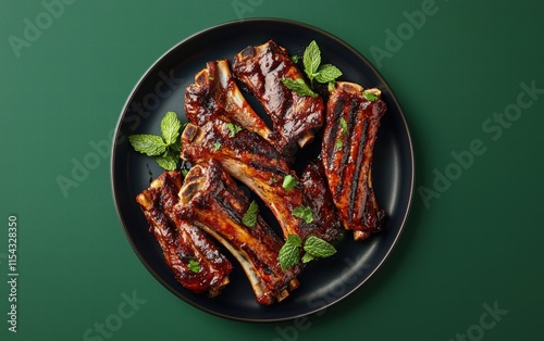 A plate of tender lamb ribs with mint garnish, soaring on a deep green background