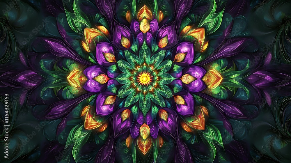 Obraz premium Vibrant Digital Mandala Art: Intricately Detailed, Jewel-Toned Fantasy Illustration. AI Generated