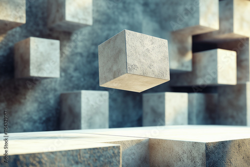 Abstract 3D Rendering of Flying Cube with Futuristic Shapes and Dynamic Geometric Art Design
