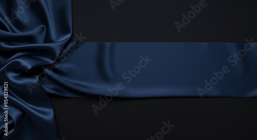Navy blue silk satin . Silky shiny  fabri c Dark luxury background with space for design. Banner Wide Long Panoramic Empty Flat lay top view 