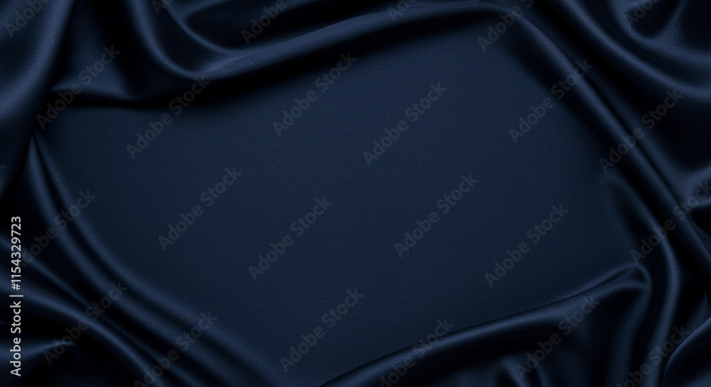 Fototapeta premium Navy blue silk satin . Silky shiny fabri c Dark luxury background with space for design. Banner Wide Long Panoramic Empty Flat lay top view