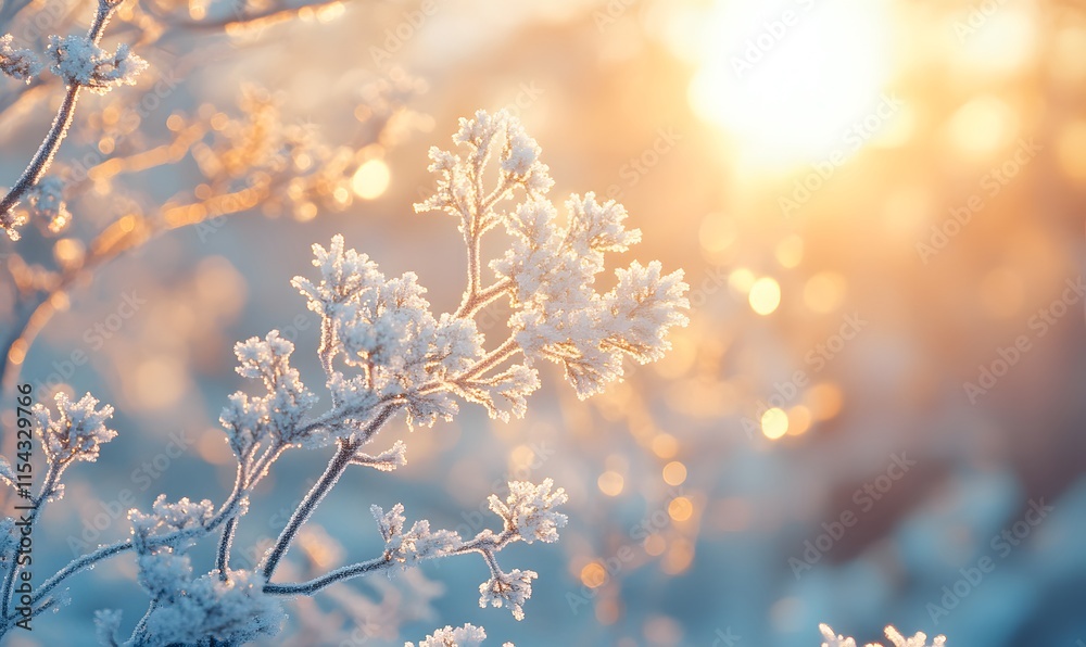 Hoarfrost-Covered Twigs Illuminated by Sunlight in a Serene Landscape Hoarfrost-Covered Twigs Illuminated by Sunlight in a Serene Landscape